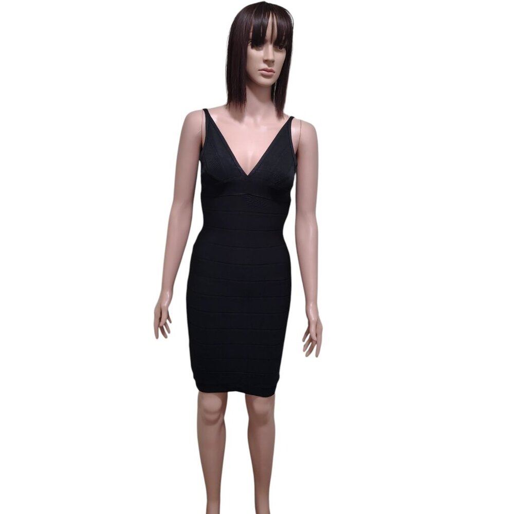 Rachael G. Stretch Black V-Neck Strappy Dress in Front and Back